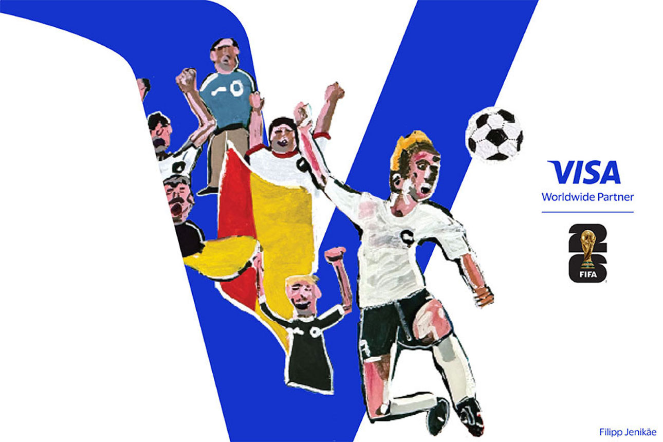 Stilisierte Fußballer vor einem großen V und einem Visa-Logo.