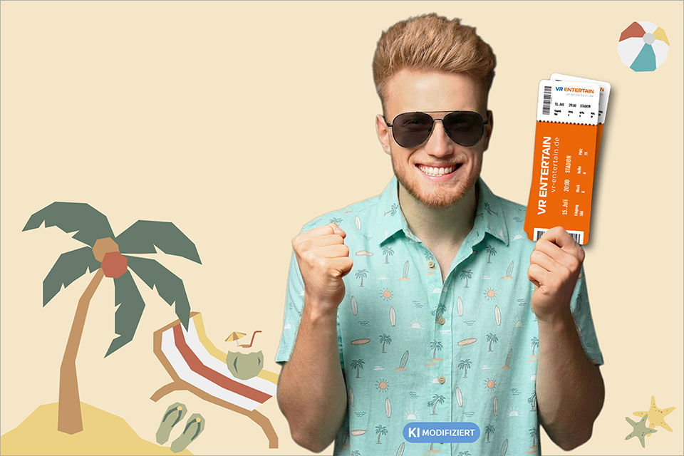 Ein junger Mann mit Sonnenbrille und Tickets in der Hand freut sich vor einem sommerlichen Strandmotiv
