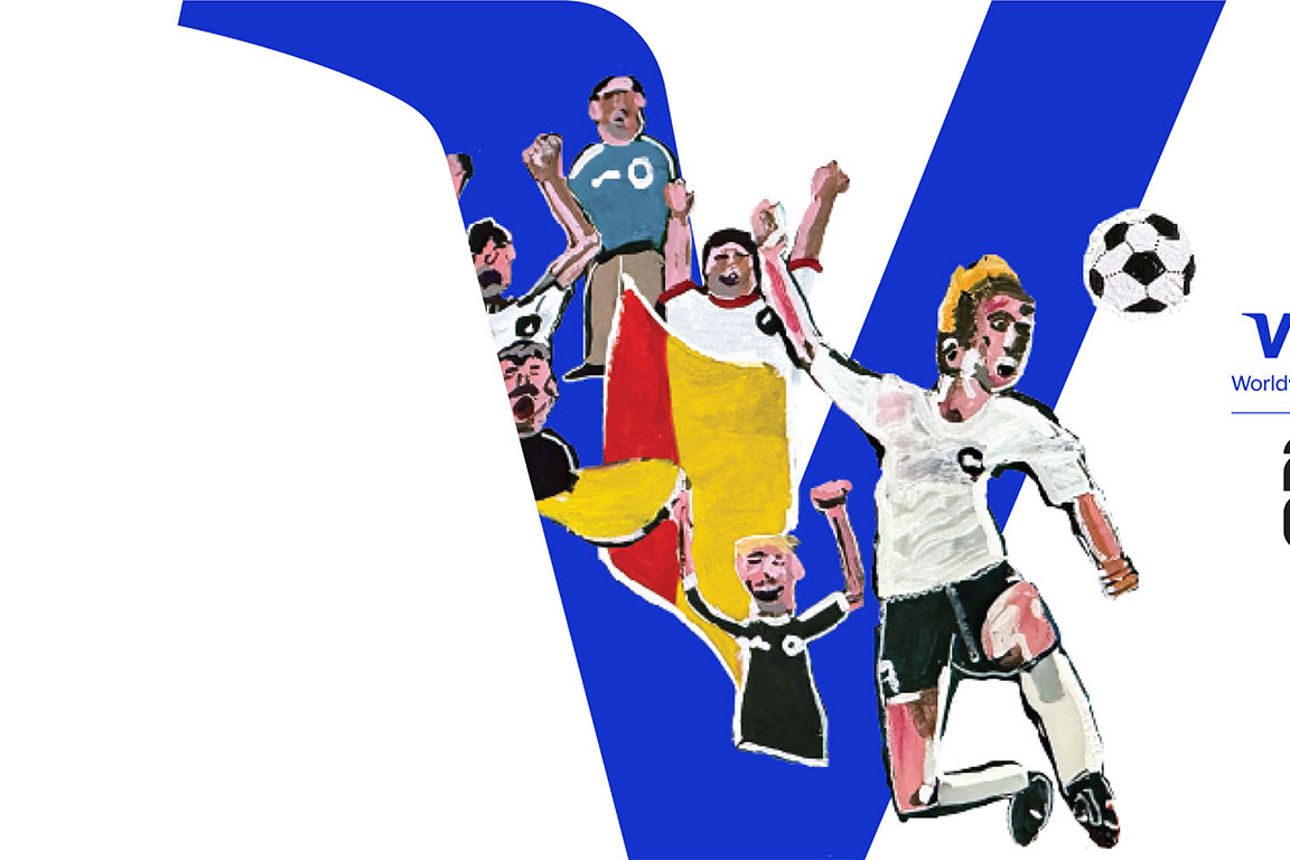 Gemalte Fußballsituationen vor dem Visa-Logo