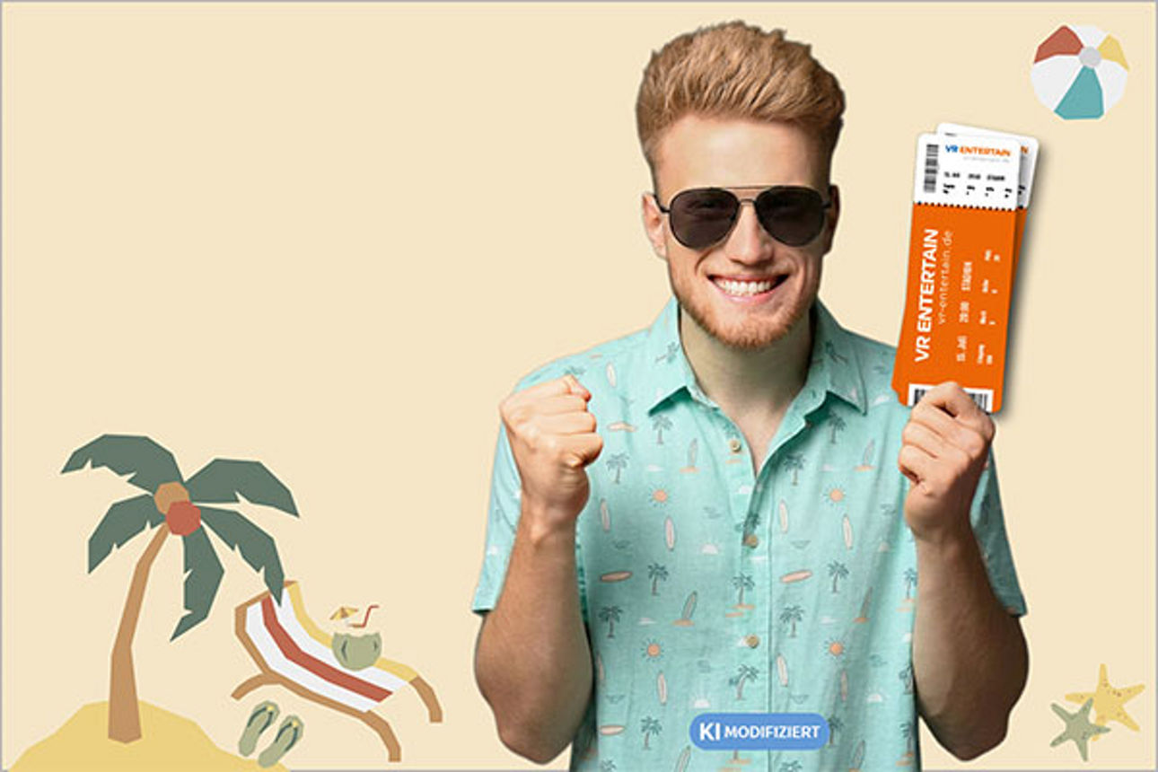 Ein lächelnder junger Mann mit Sonnenbrille und Tickets in der linken Hand vor einem illustrierten Beach