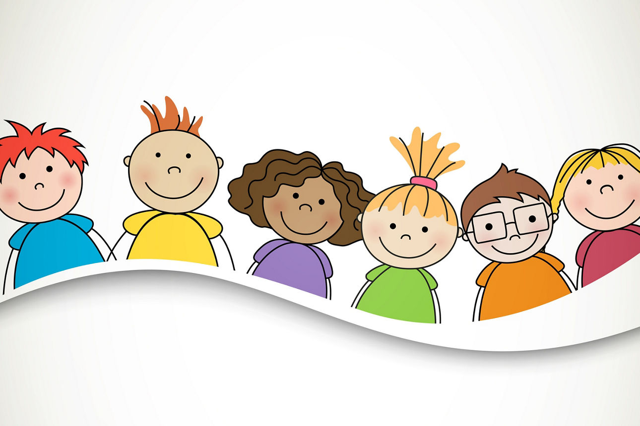 Eine Zeichnung mit Kindern in bunten T-Shirts