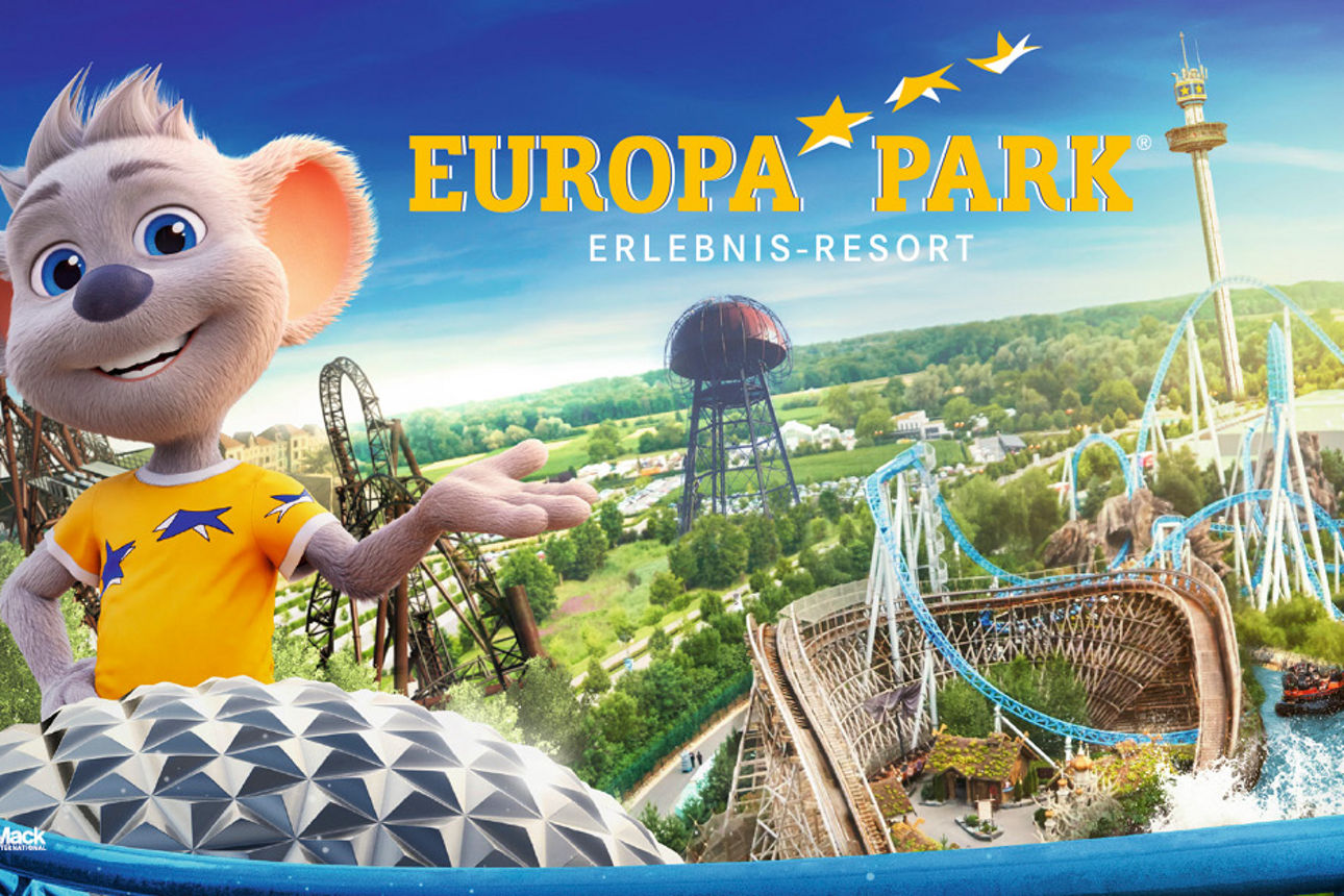 Parkmaskottchen Ed Euromaus präsentiert die Achtelbahnen und weiteren Attraktionen im Europa-Park.