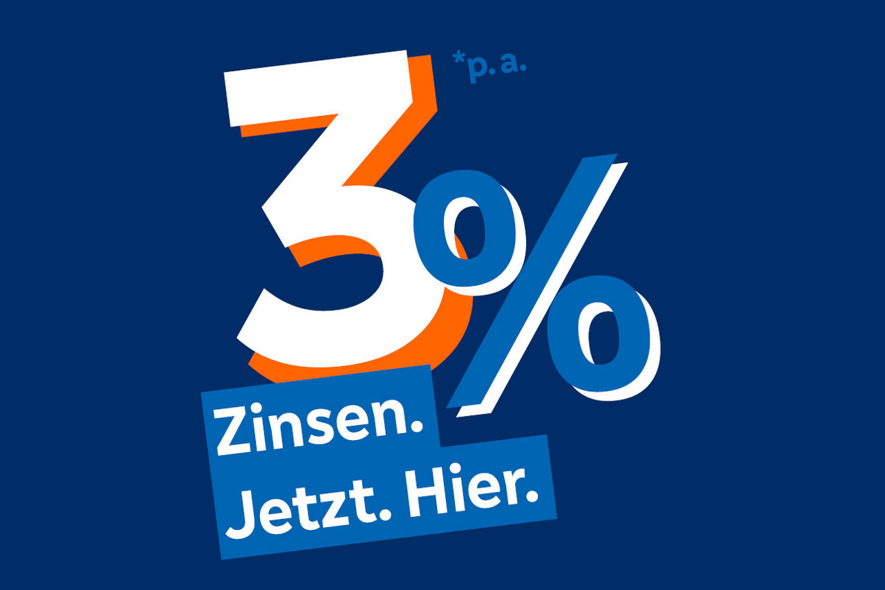 Blauer Hintergrund mit Schrift 3,0% Zinsen