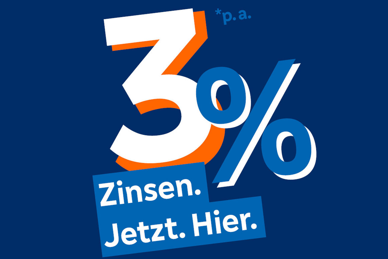 Blauer Hintergrund mit Schrift 3,0% Zinsen