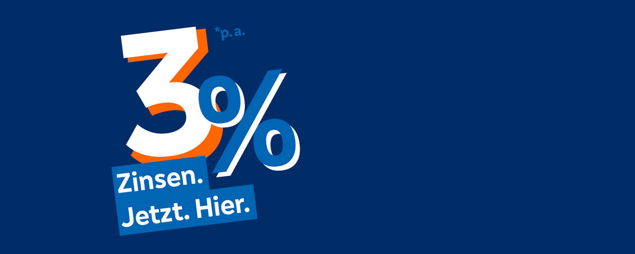 Blauer Hintergrund mit Schrift 3% Zinsen
