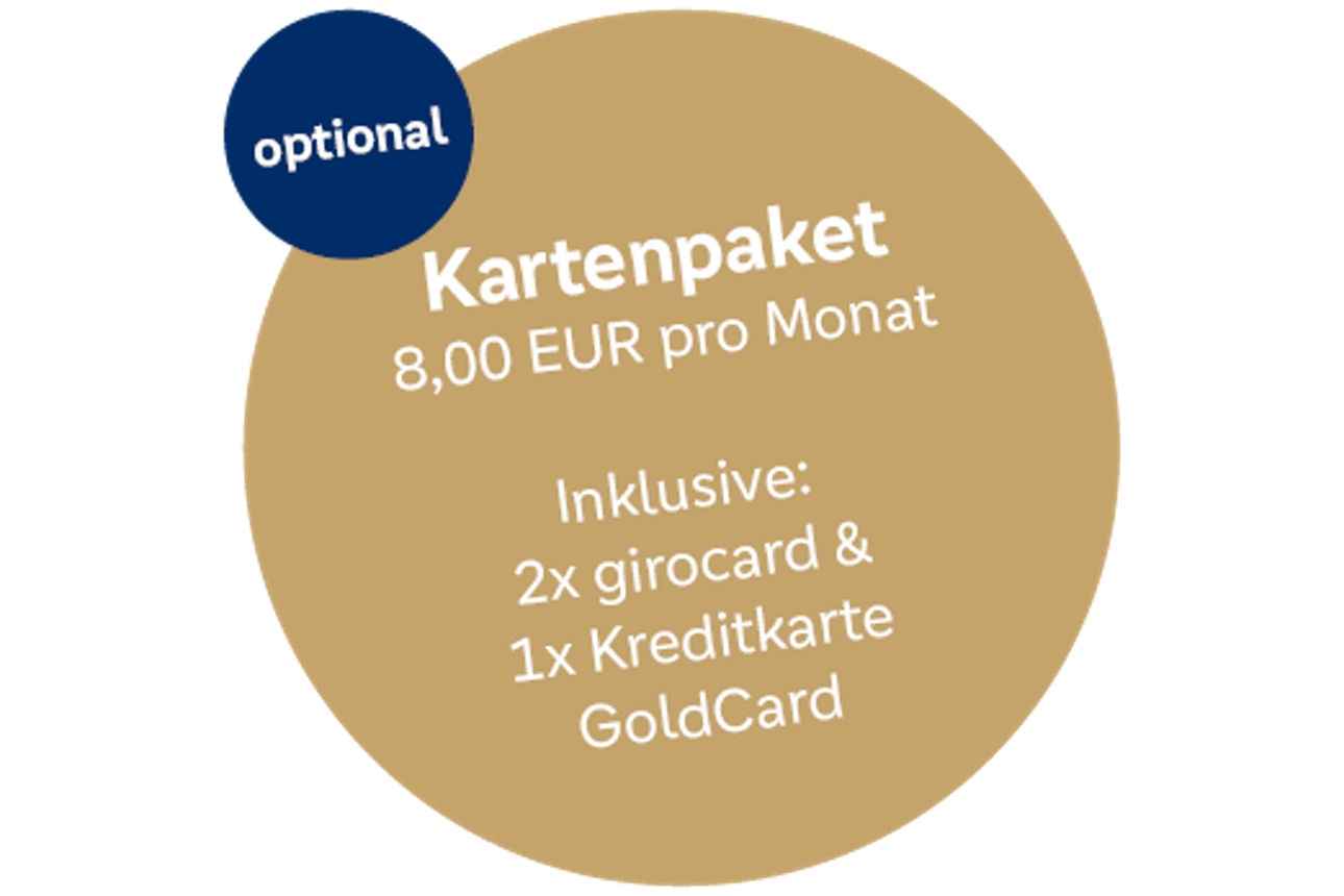 Goldener Störer (Kreis): Kartenpaket 8,00 EUR pro Monat  Inklusive: 2x girocard &  1x Kreditkarte GoldCard