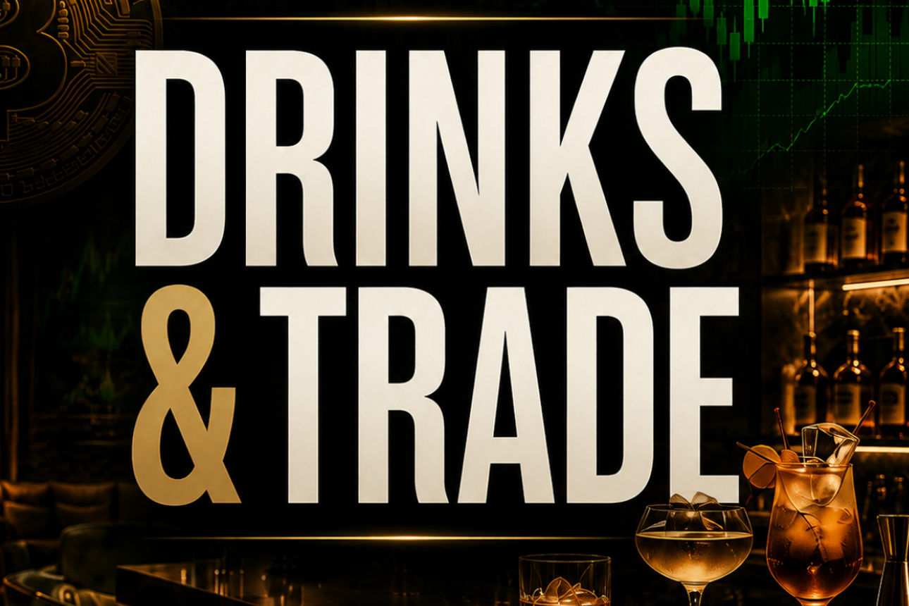 Ein Bar-Tresen mit Cocktails, Bitcoin-Symbol und dem Schriftzug "DRINKS & TRADE"