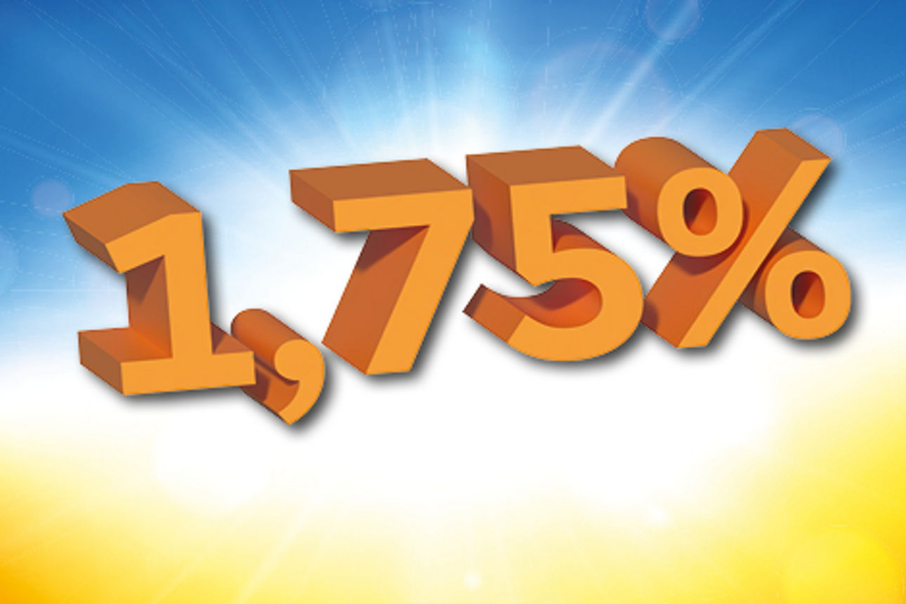 Zinssatz 1,75 % auf Blau gelben Hintergrund welcher zu leuchten scheint