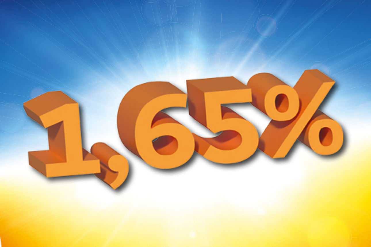 Zinssatz 1,65 % auf Blau gelben Hintergrund welcher zu leuchten scheint