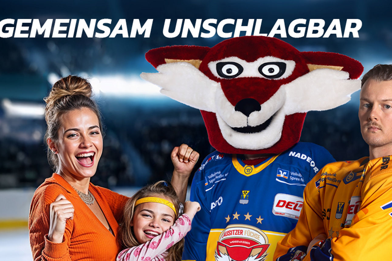 Familie mit Füchse-Maskottchen und Mannschafts-Kapitän Familie mit Füchse-Maskottchen und Mannschafts-Kapitän