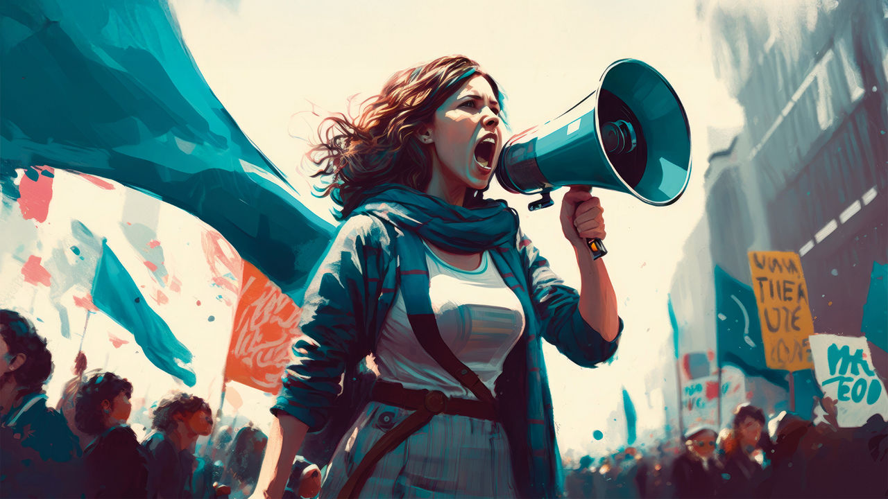 Stilisiertes Bild einer Frau mit Megafon. Hinter ihr weht ein blaues Tuch wie ein Cape. Sie ist Teil einer Demonstration.