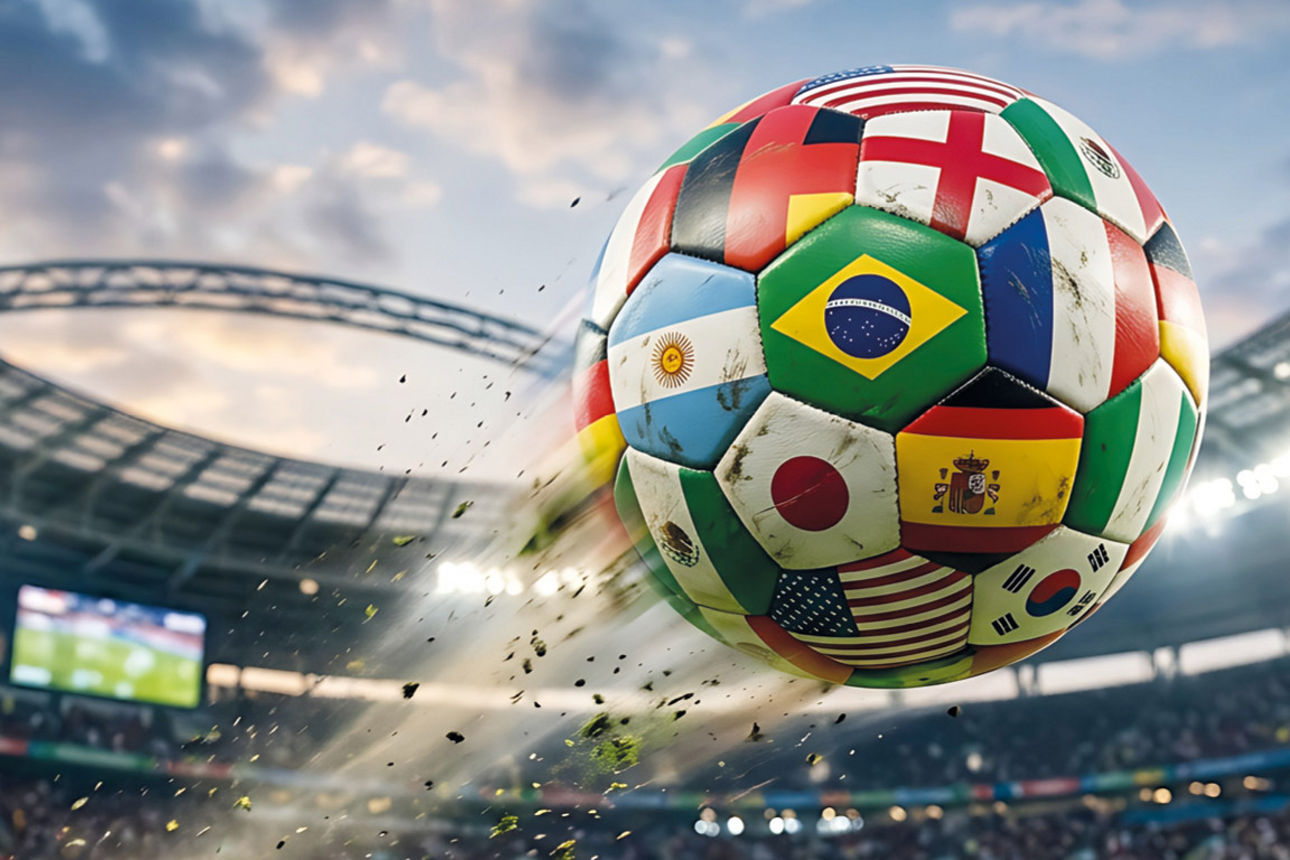 Fußball mit verschiedenen Länderflaggen fliegt im Stadion durch die Luft