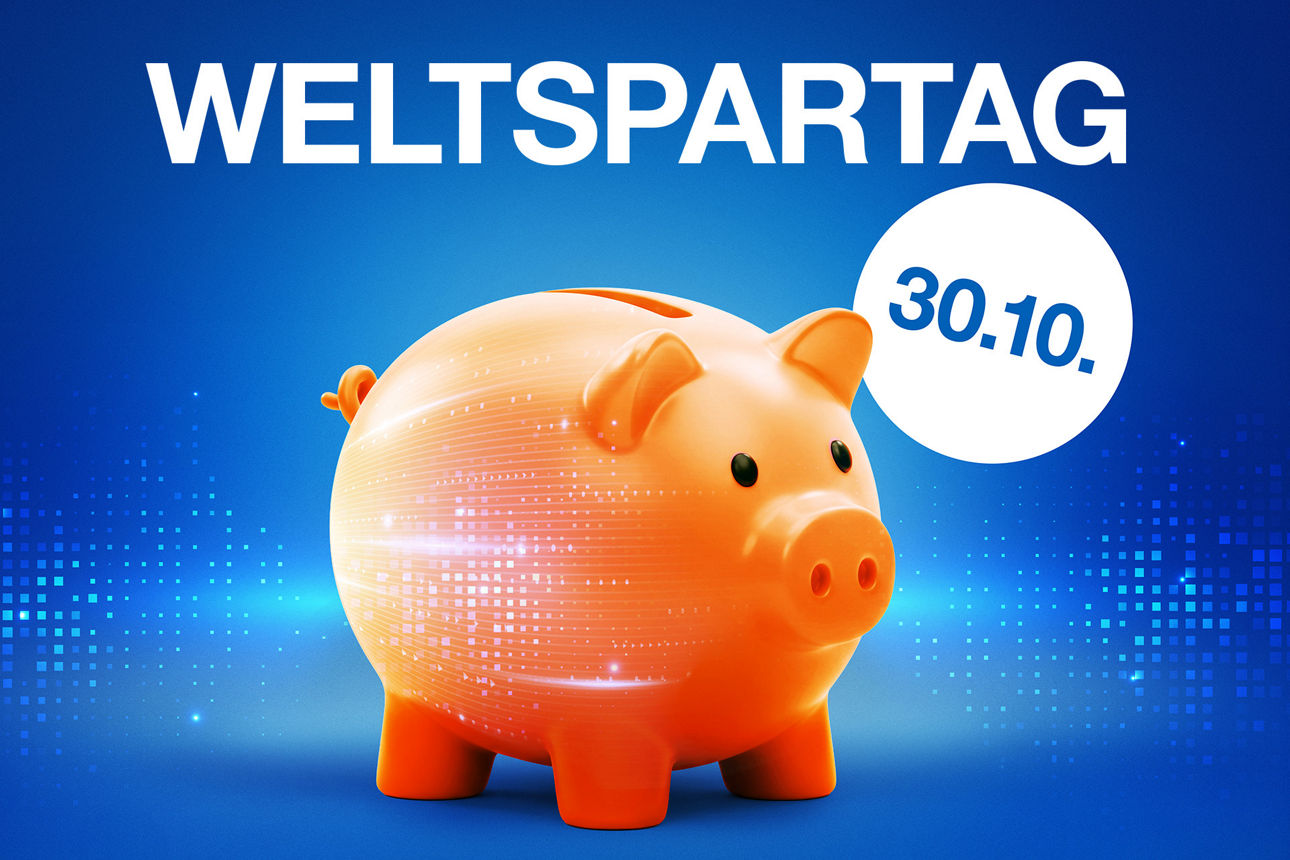 Aktionsbild mit futuristischem Sparschwein zum Weltspartag 2025