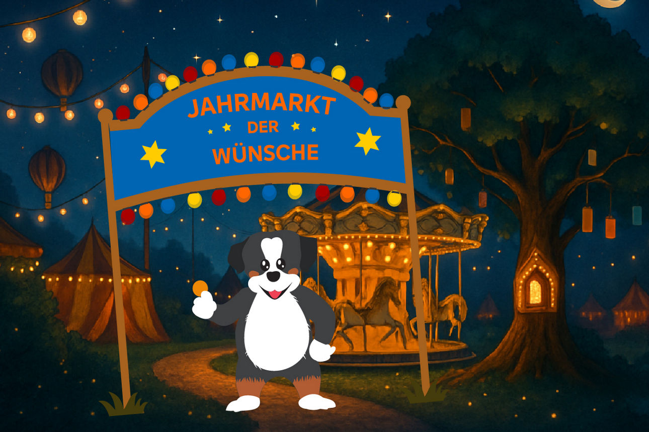 Der Bankhund Anton steht vor dem Tor zum Jahrmarkt der Wünsche.