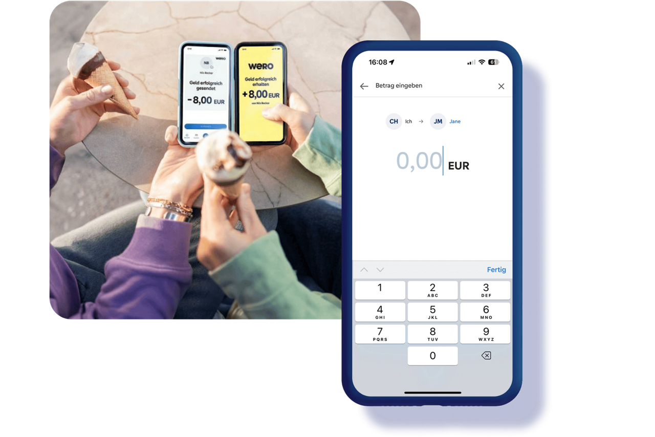 Zwei Menschen halten ihre Handys nebeneinander und senden sich hierüber Geld zu