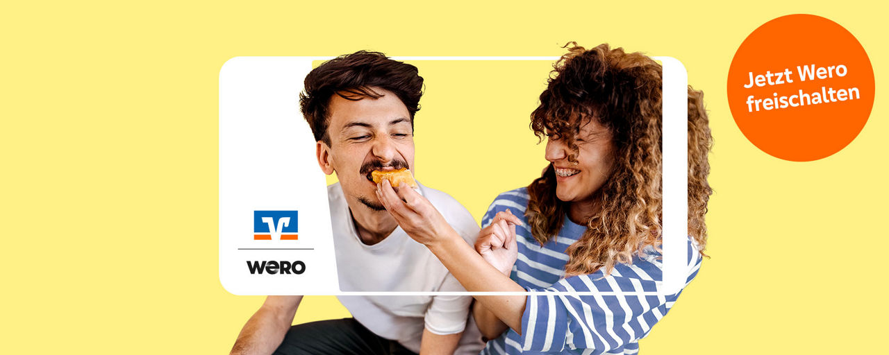 Junges Pärchen umrahmt von einem Smartphone mit wero Aufschrift