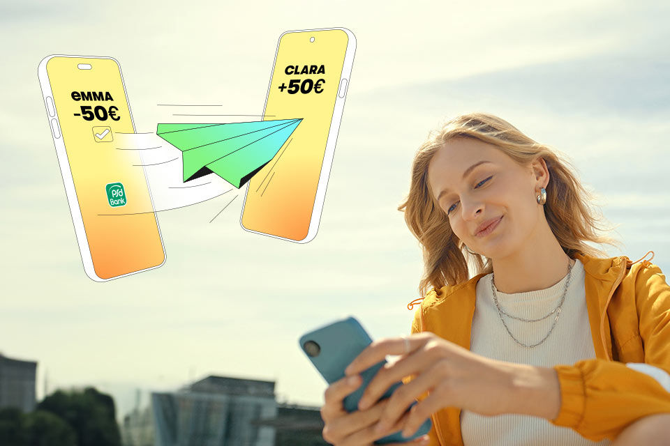 Eine Frau mit Smartphone in der Hand neben dem Wero-Logo