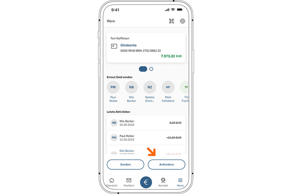 Ansicht der Geld-anfordern-Funktion von Wero in der PSD Banking-App