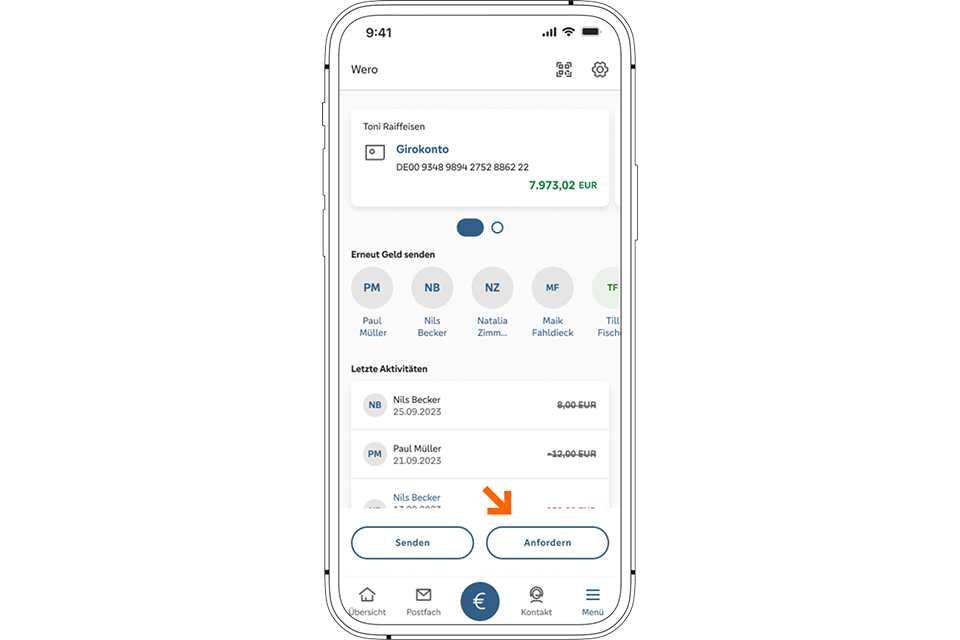 Ansicht der Geld-anfordern-Funktion von Wero in der PSD Banking App