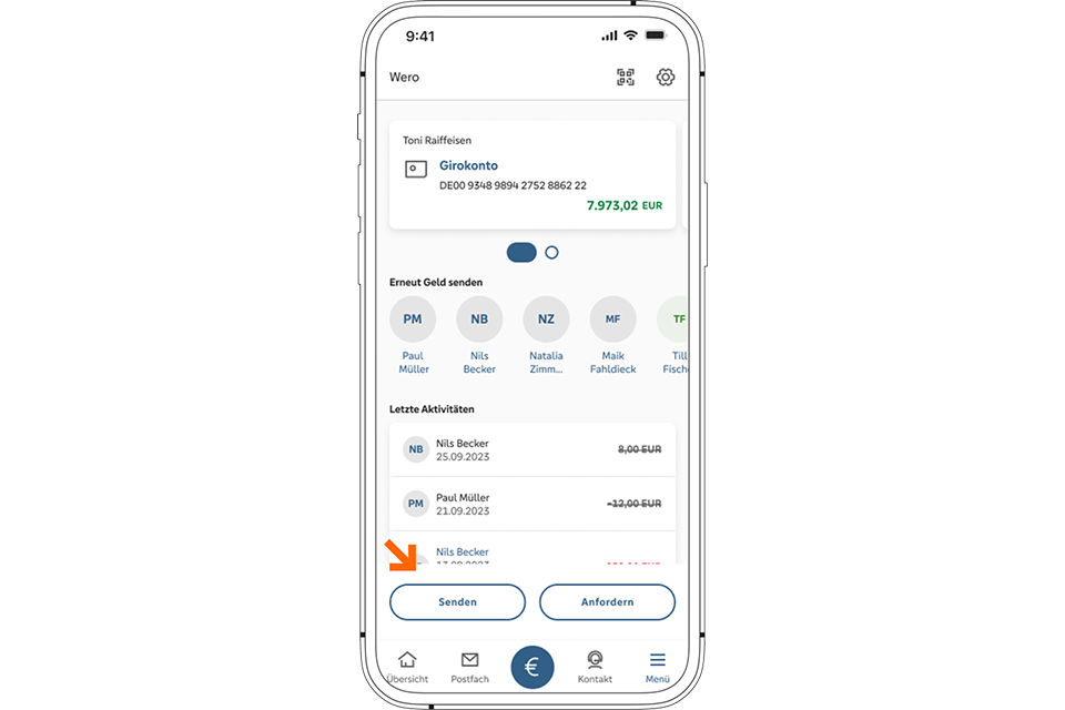 Ansicht der Geld-senden-Funktion von Wero in der PSD Banking-App