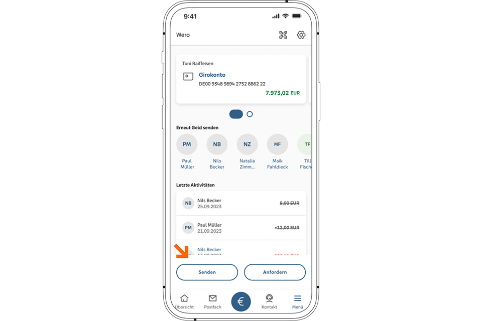 Ansicht der Geld-senden-Funktion von Wero in der PSD Banking App