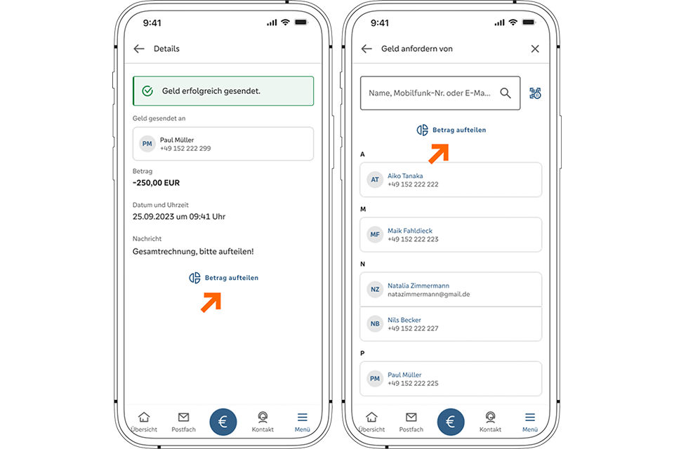 Ansicht der Funktion zum Teilen von Geldbeiträgen mit Wero in der PSD Banking-App