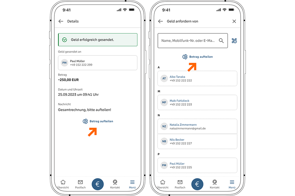 Ansicht der Funktion zum Teilen von Geldbeiträgen mit Wero in der PSD Banking App