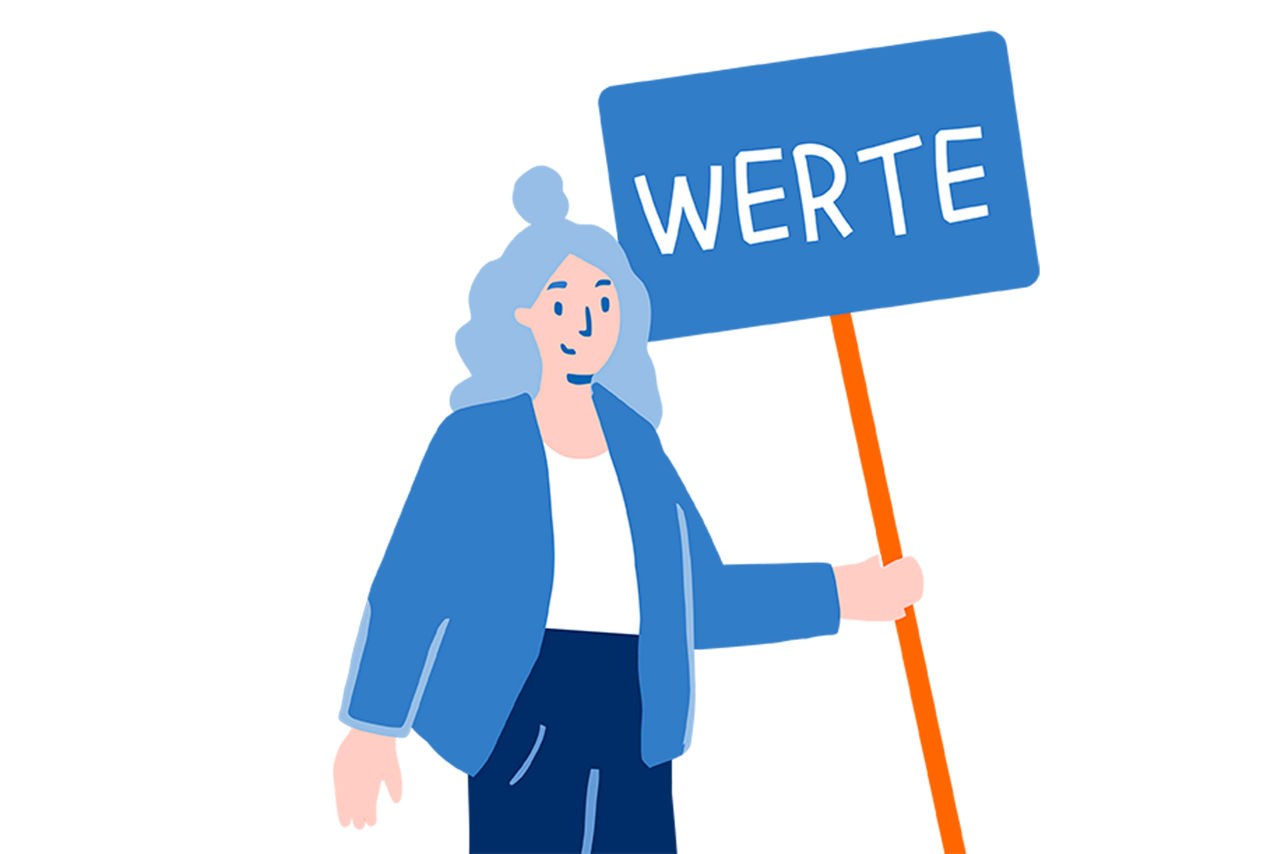 Grafische Darstellung einer Frau, die ein Schild in der Hand hält mit dem Wort Werte