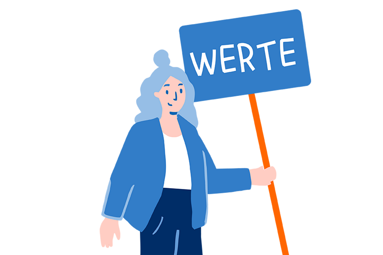 Grafische Darstellung einer Frau, die ein Schild in der Hand hält mit dem Wort Werte
