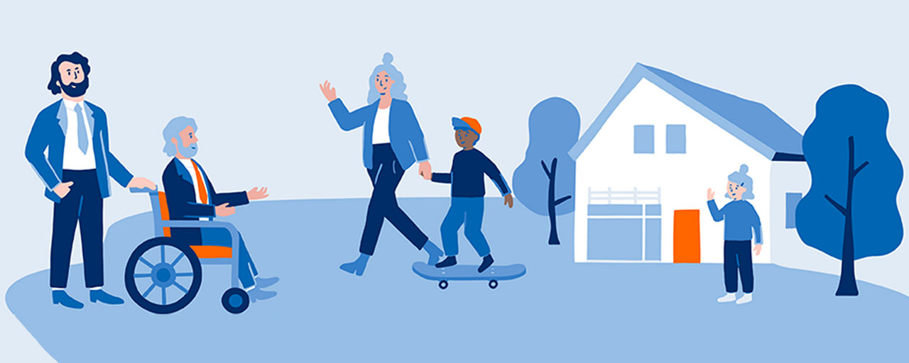 Illustration mit Menschen in unterschiedlichen Lebenssituationen