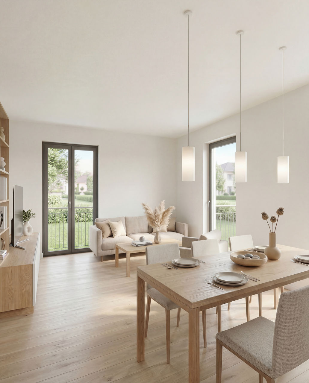 Heller Wohnraum mit Essbereich, Sofa, Holzmöbeln und bodentiefen Fenstern.