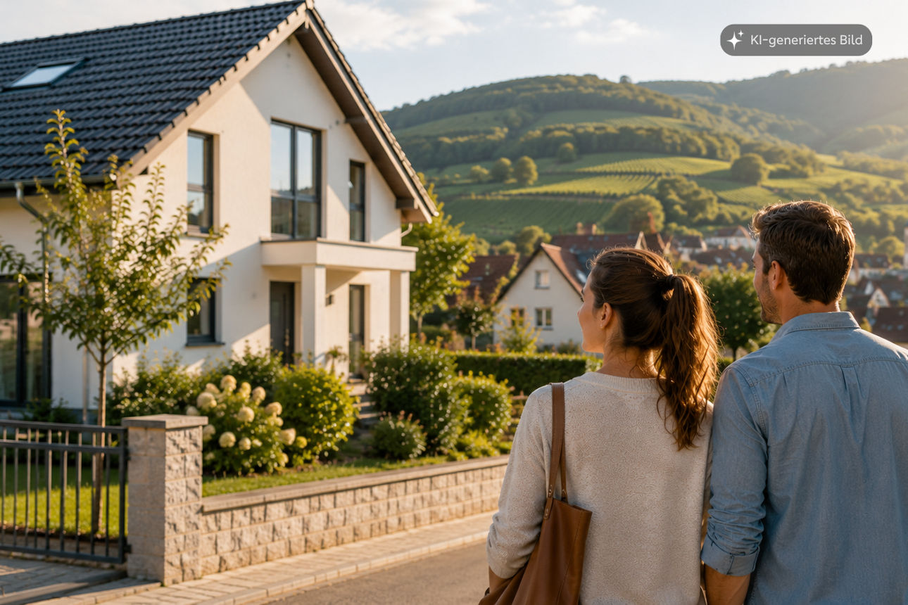 KI-generiertes Bild: Ein Paar betrachtet bei einem Spaziergang ein mögliches Eigenheim in der Region Bühl.