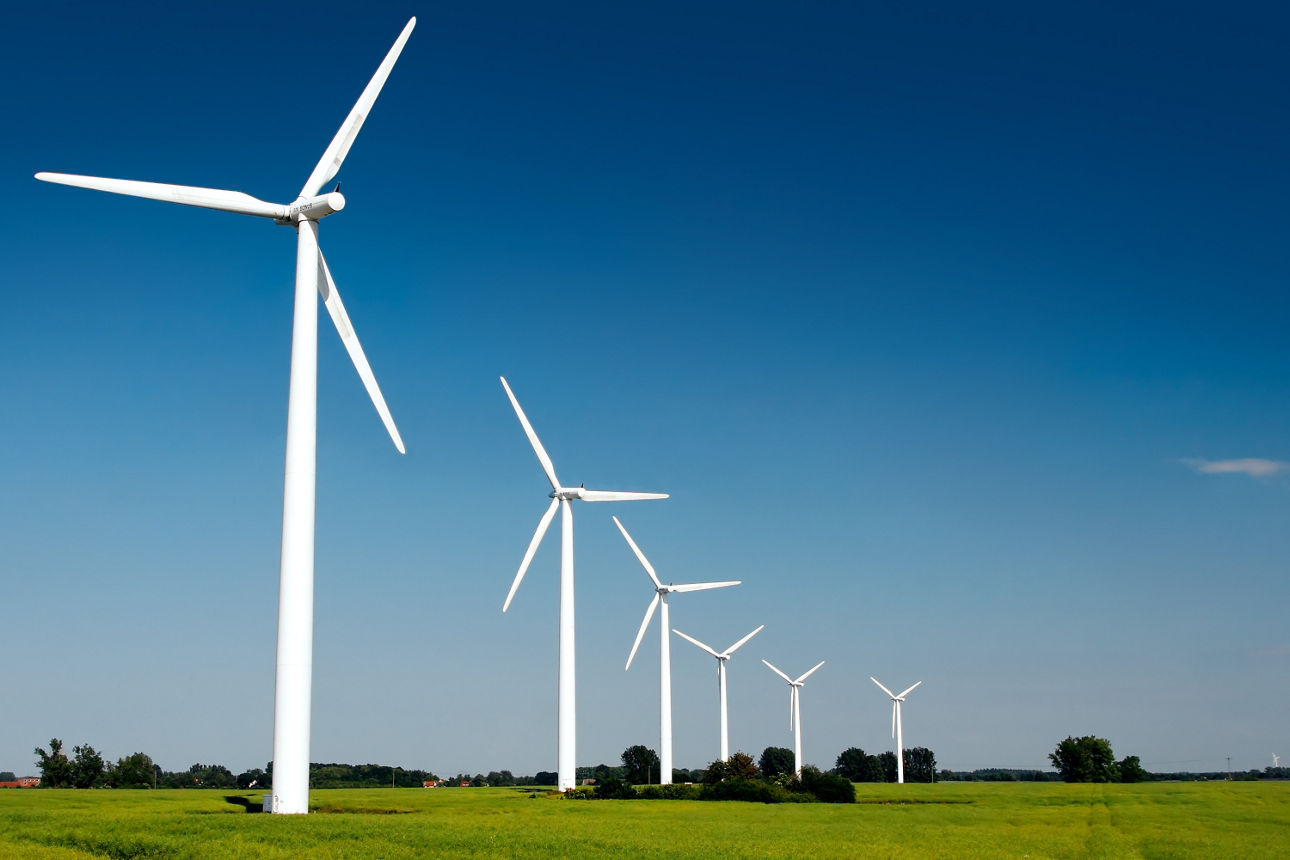 Eine Gruppe von Windturbinen erhebt sich in einer weiten grünen Wiese