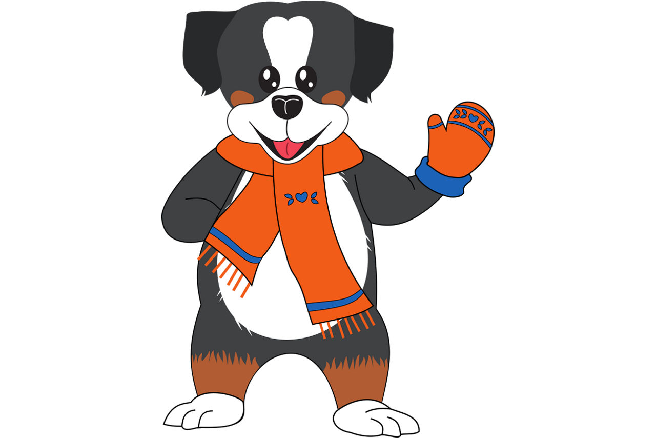 Bankhund Anton winkt fröhlich in winterlicher Kleidung.