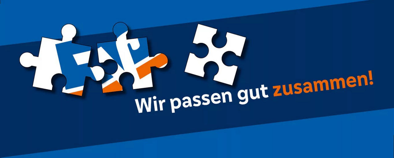Bild mit dem Volksbanklogo als Puzzel und der Schriftzug "Wir passen gut zusammen"