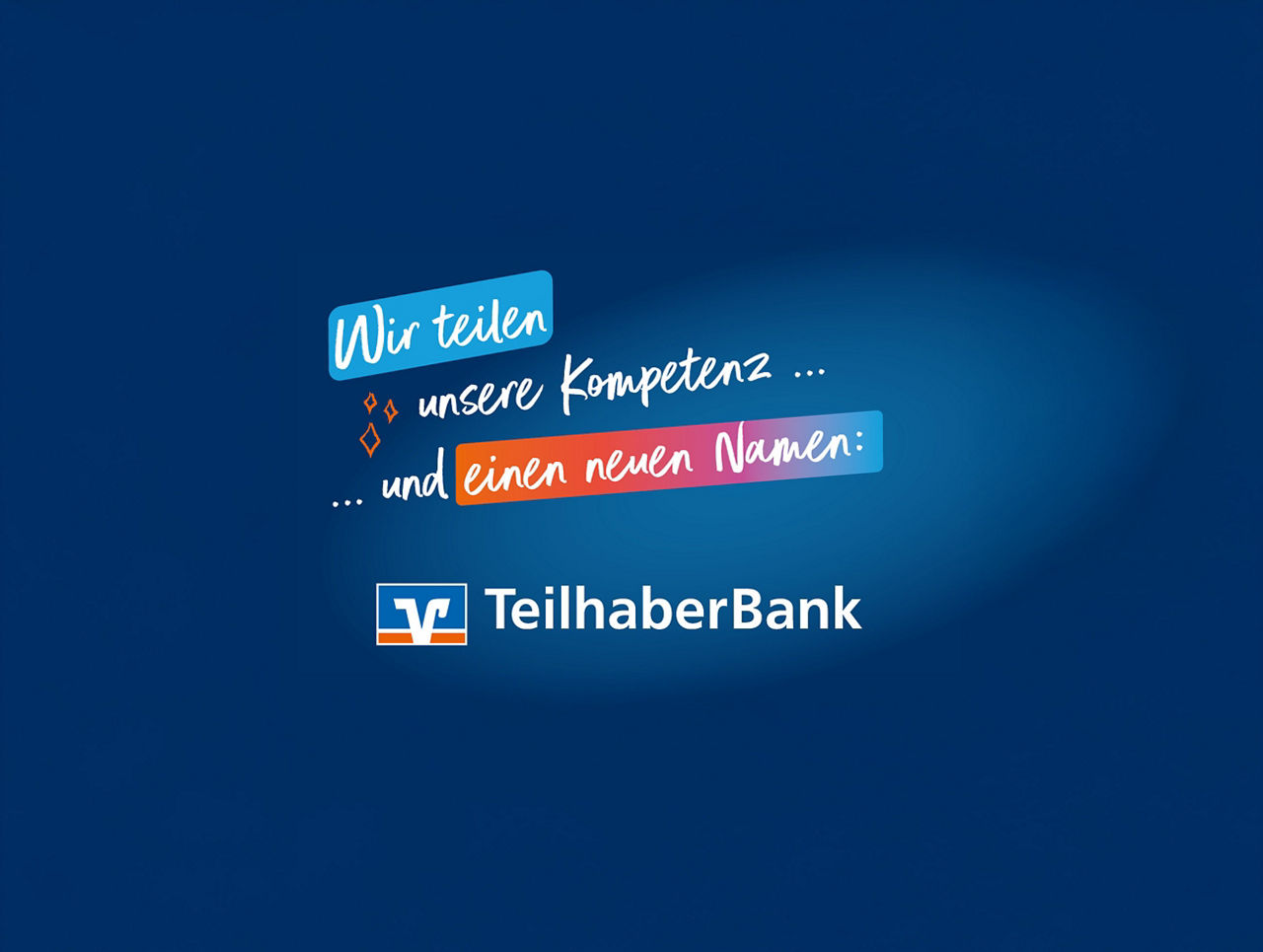 Schriftzug " Wir teilen Kompetenz und eine neuen Namen" auf blauen Hintergrund