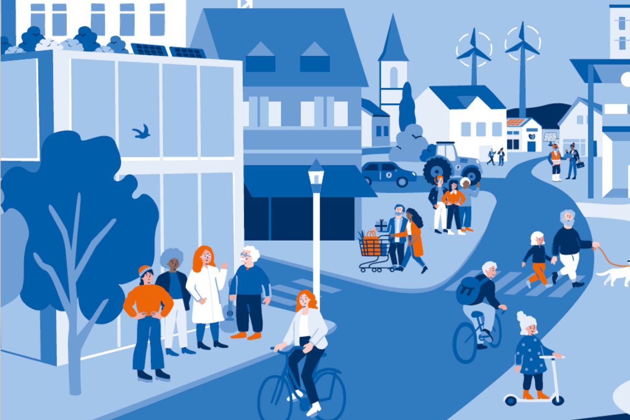 Illustration einer lebendigen Stadt mit Menschen, Bankfiliale, erneuerbaren Energien, Freizeitaktivitäten und Natur.