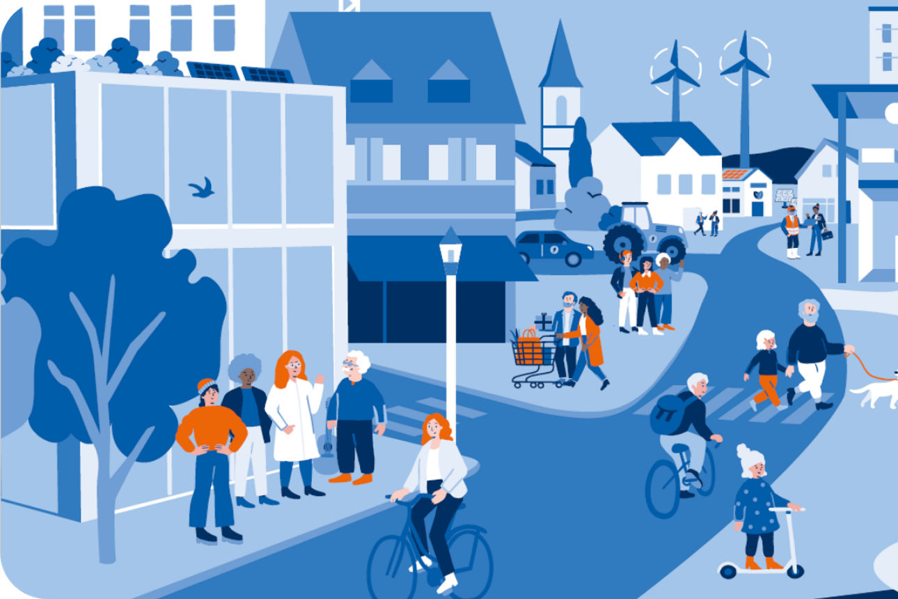 Illustration einer lebendigen Stadt mit Menschen, Bankfiliale, erneuerbaren Energien, Freizeitaktivitäten und Natur.