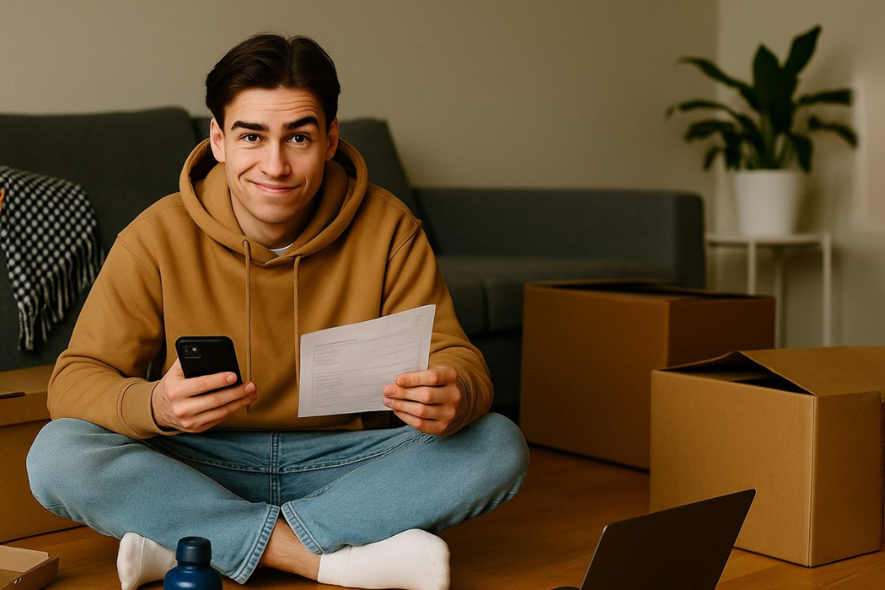 Person sitzt auf dem Boden zwischen Umzugskartons, hält Smartphone und Papier, Laptop und Trinkflasche davor.
