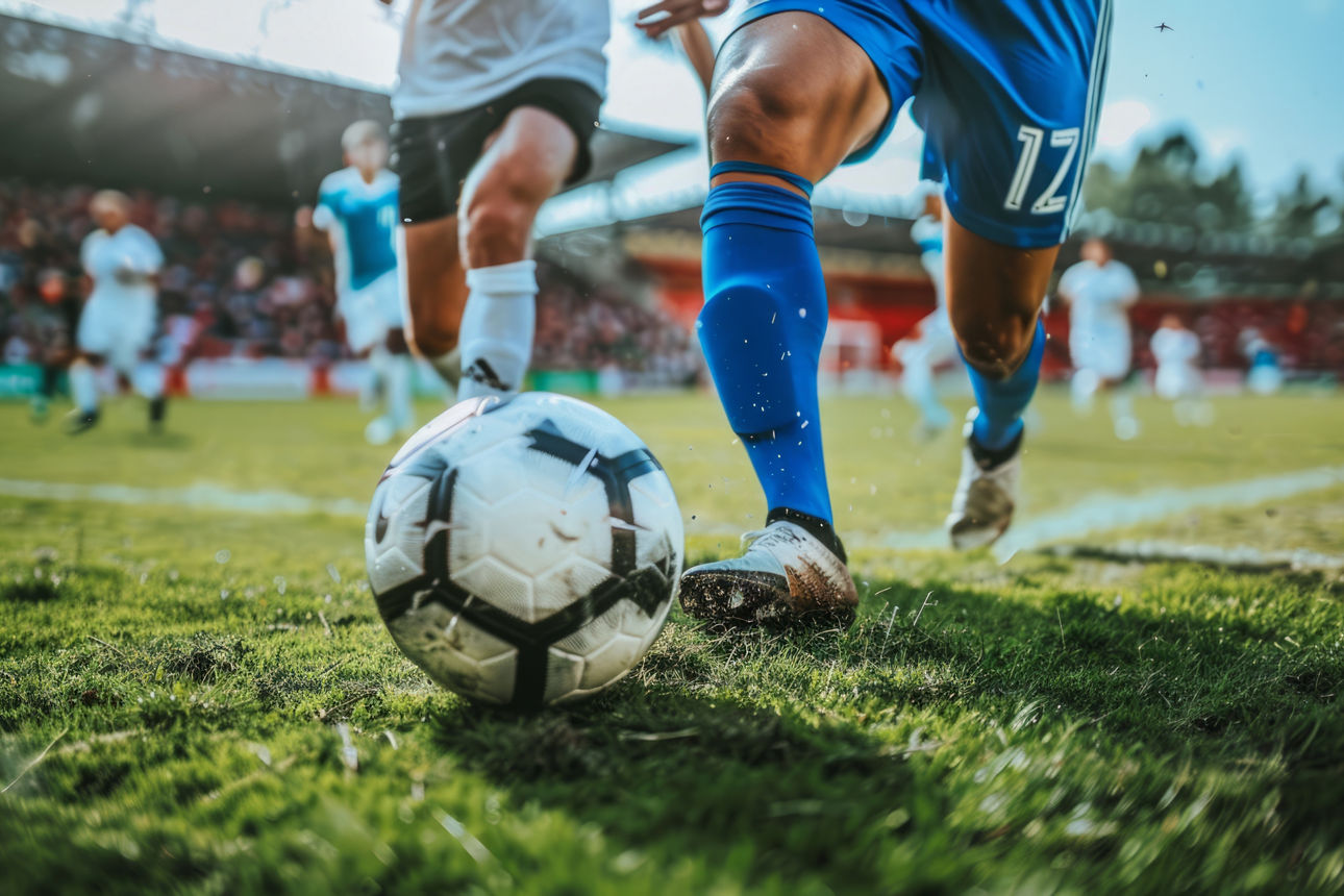 Two soccer football player dribbling a ball during match in the stadium in the style of Sony A7R IV and with an f/2 lens. --ar 16:9 Job ID: 804d4fc8-5aed-4fe6-ac06-8f5ba94de7ee