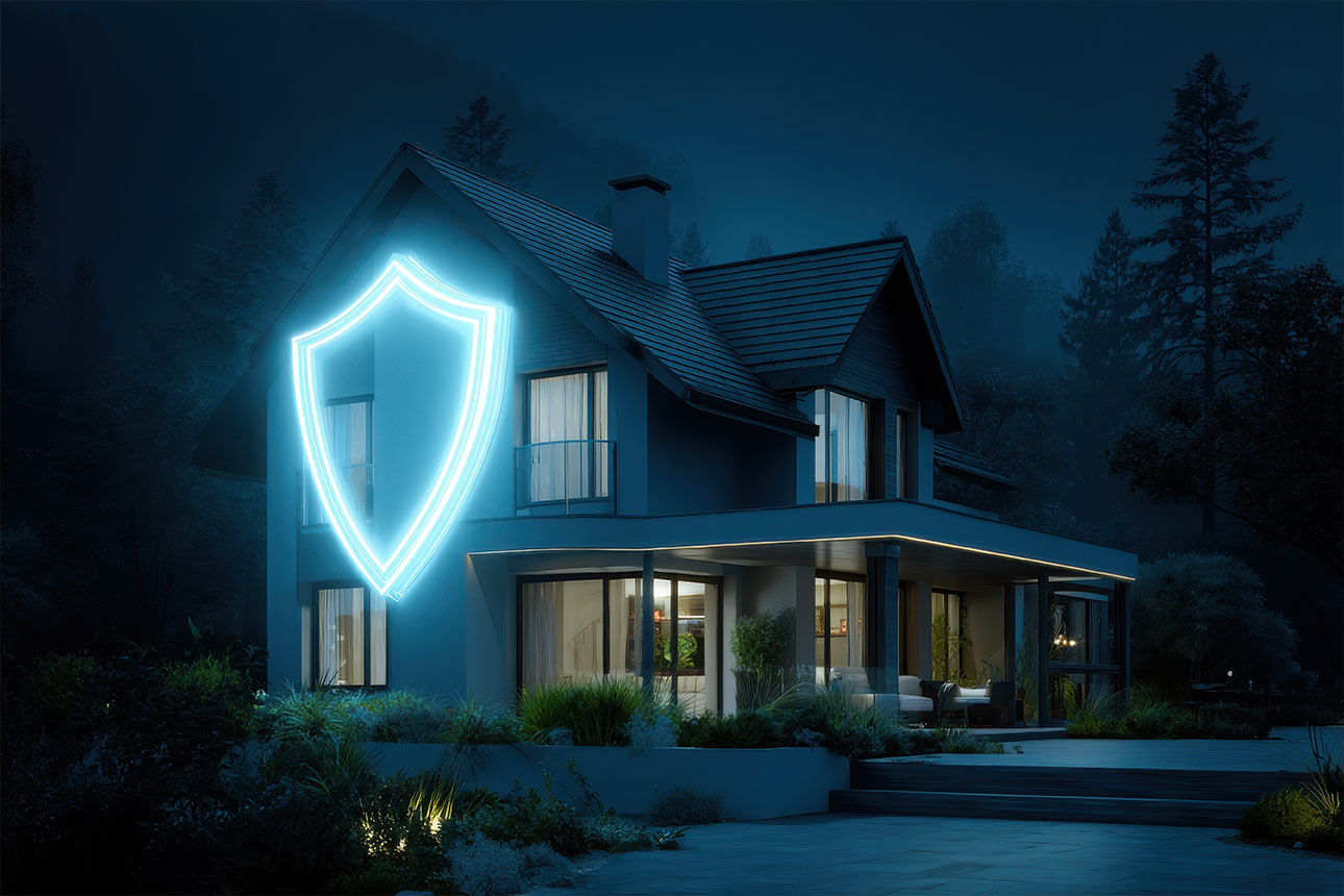 Haus mit einem blauem Schutzschild