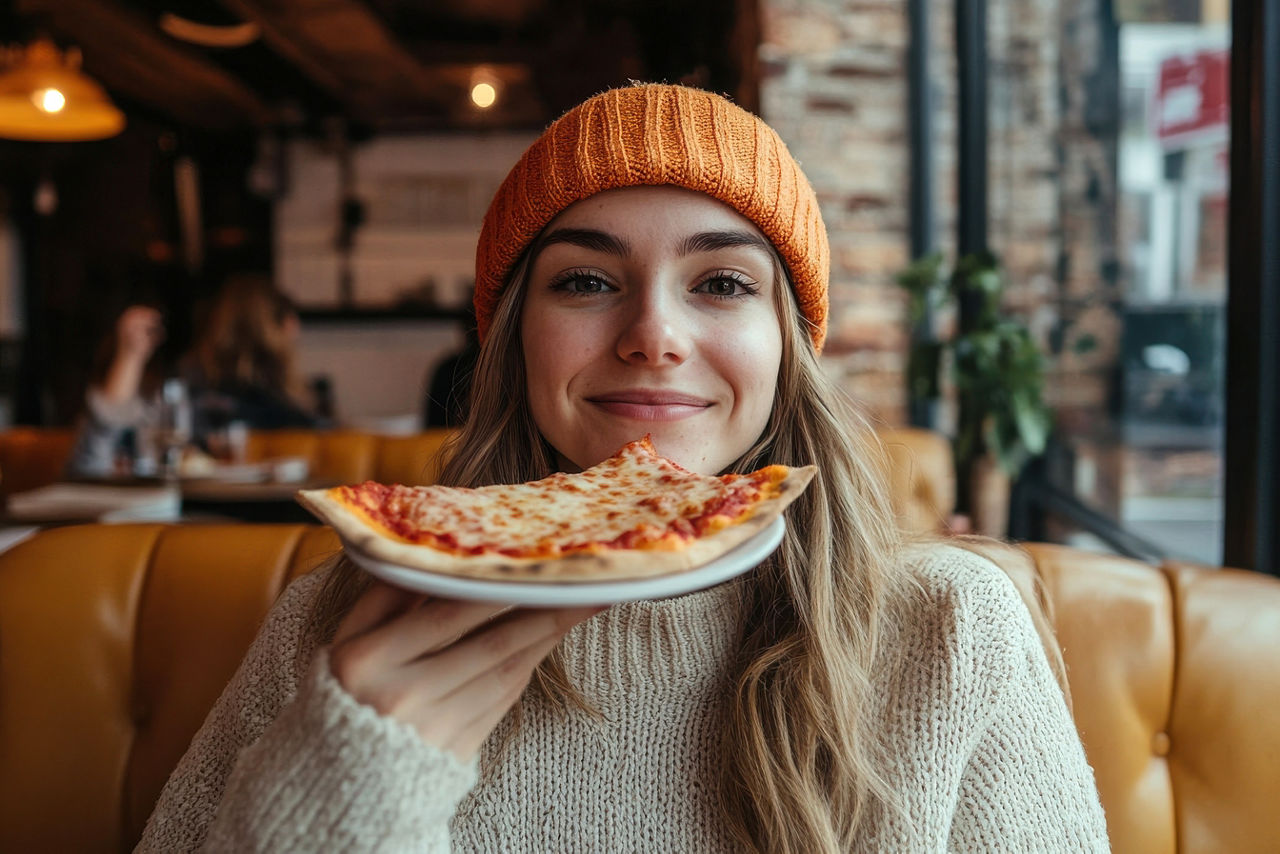 Junge Frau mit Mütze isst Pizza