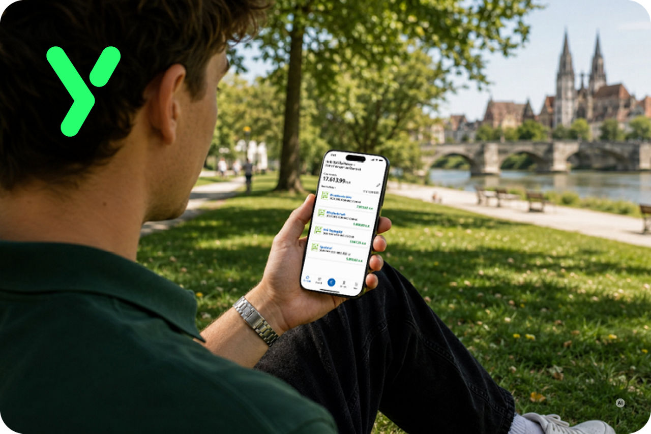 Junger Mann sitzt am Ufer und schaut auf sein Handy