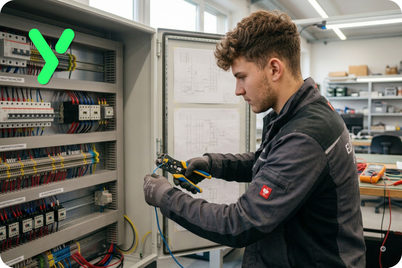 Junger Mann arbeitet an Schaltschrank