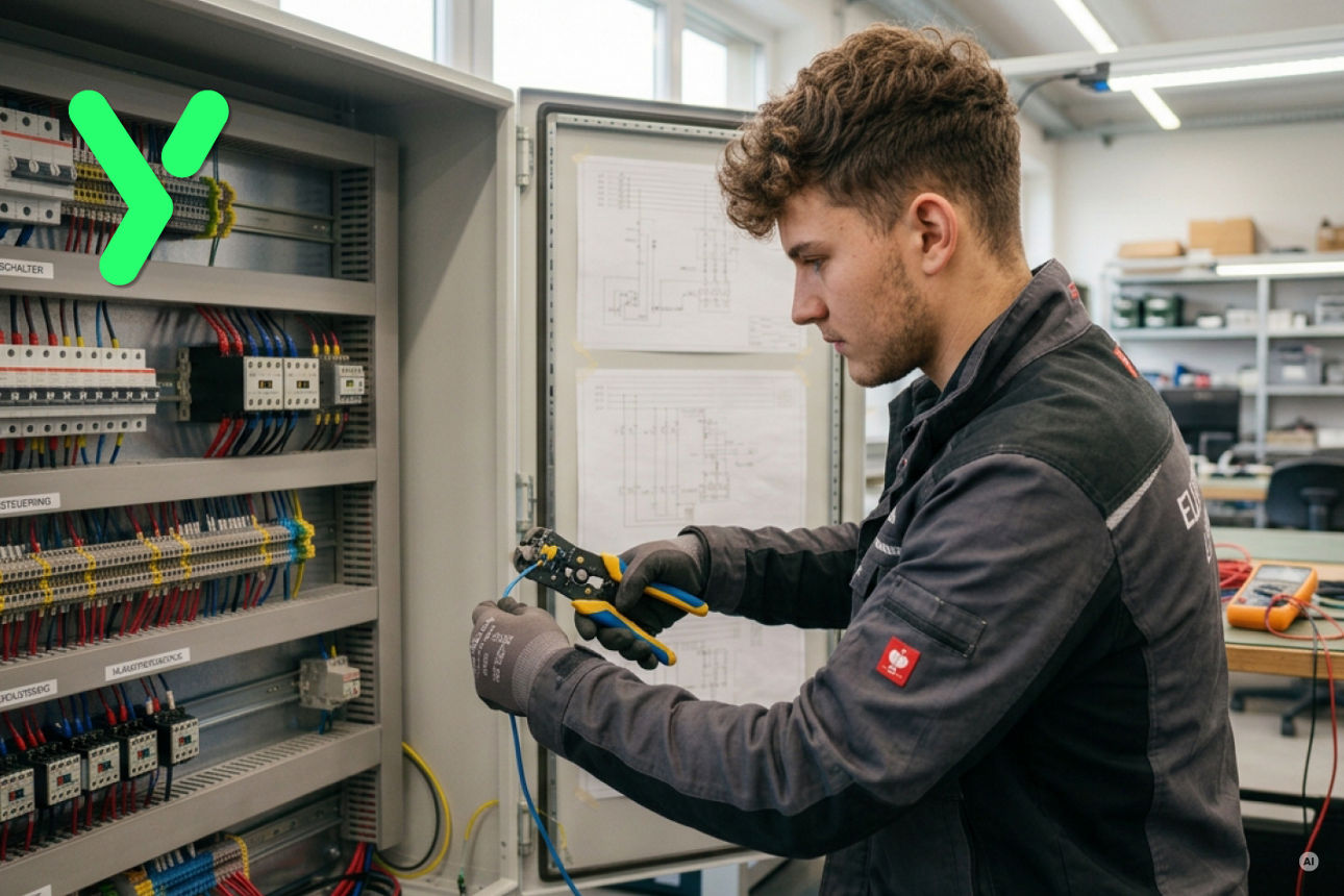 Junger Mann arbeitet an Schaltschrank