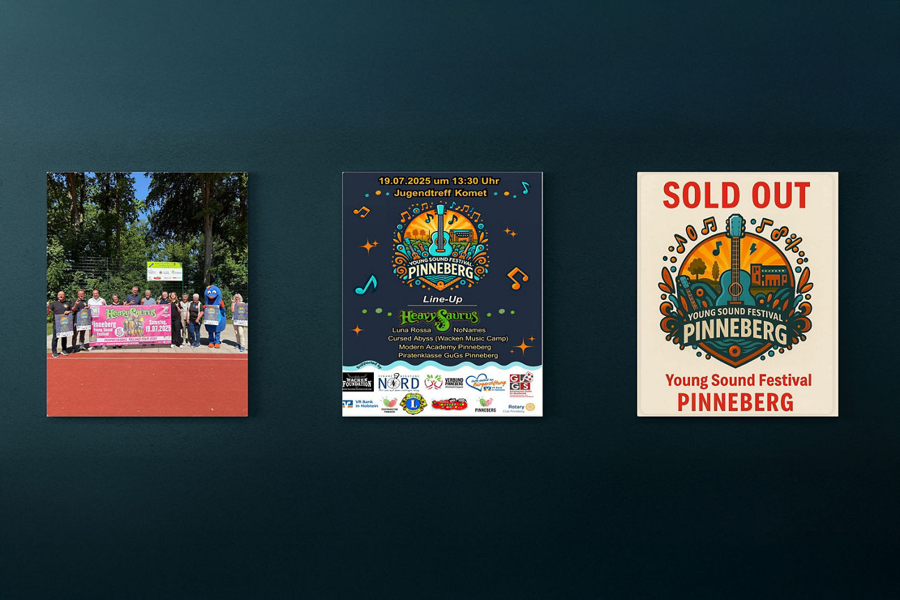 Gruppenfoto der Organisatoren und Spender des young-sounds-festivals, die ein Banner mit der Ankündigung des Festivals halten