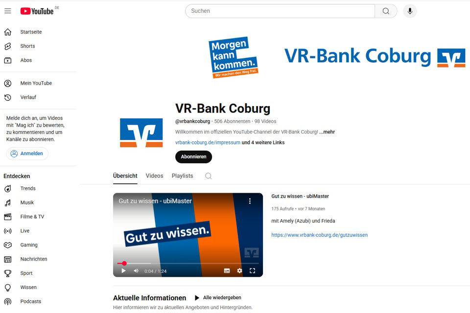 Screenshot des YouTube-Channels der VR-Bank Coburg