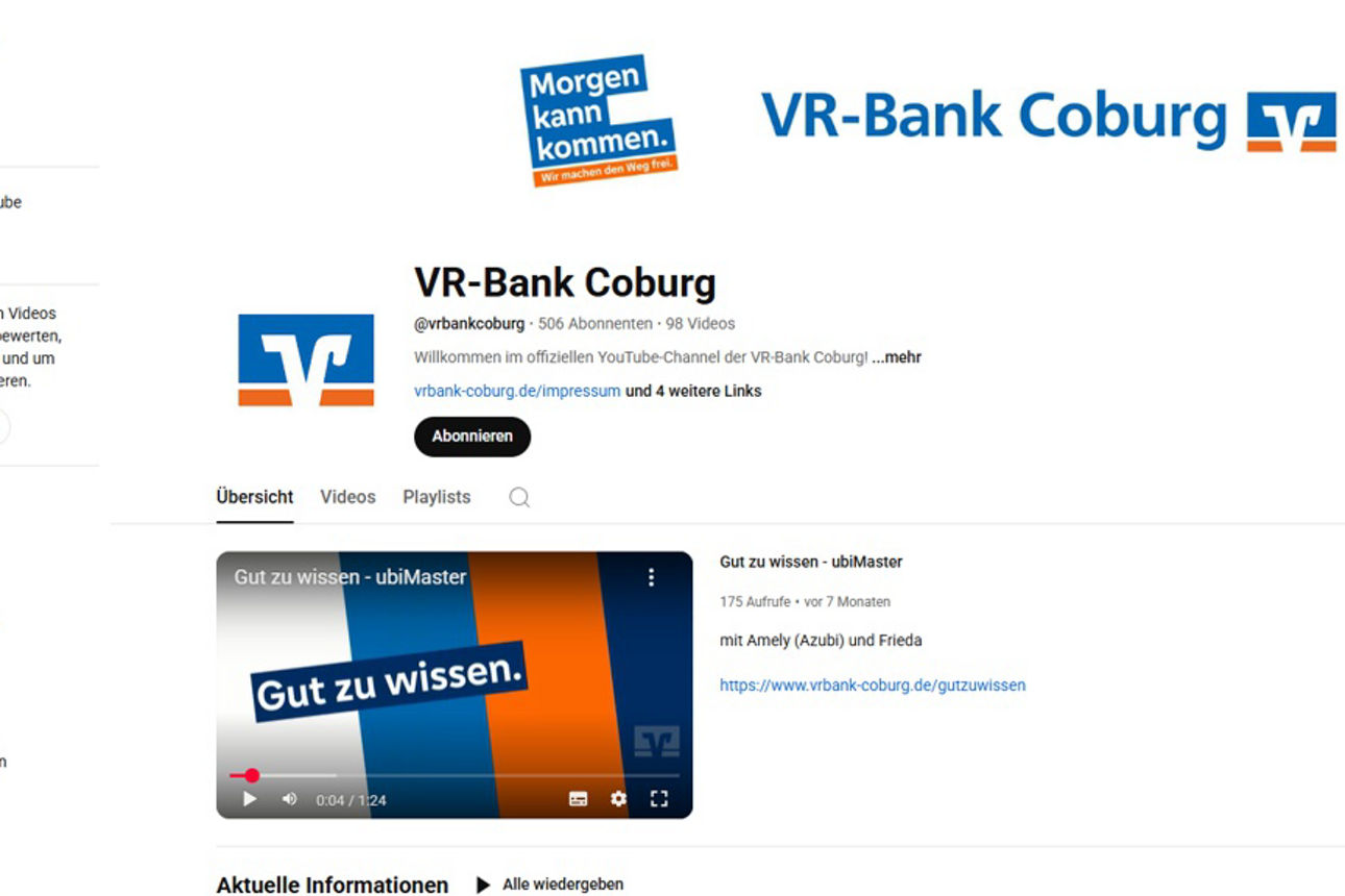 Screenshot des YouTube-Channels der VR-Bank Coburg