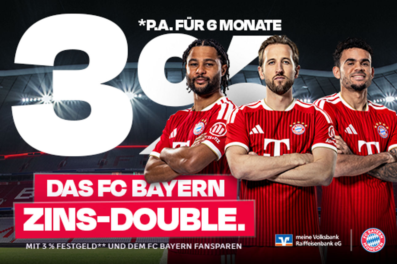 Banner zum FC Bayern Zins Double inkl. Spieler des FC Bayern München