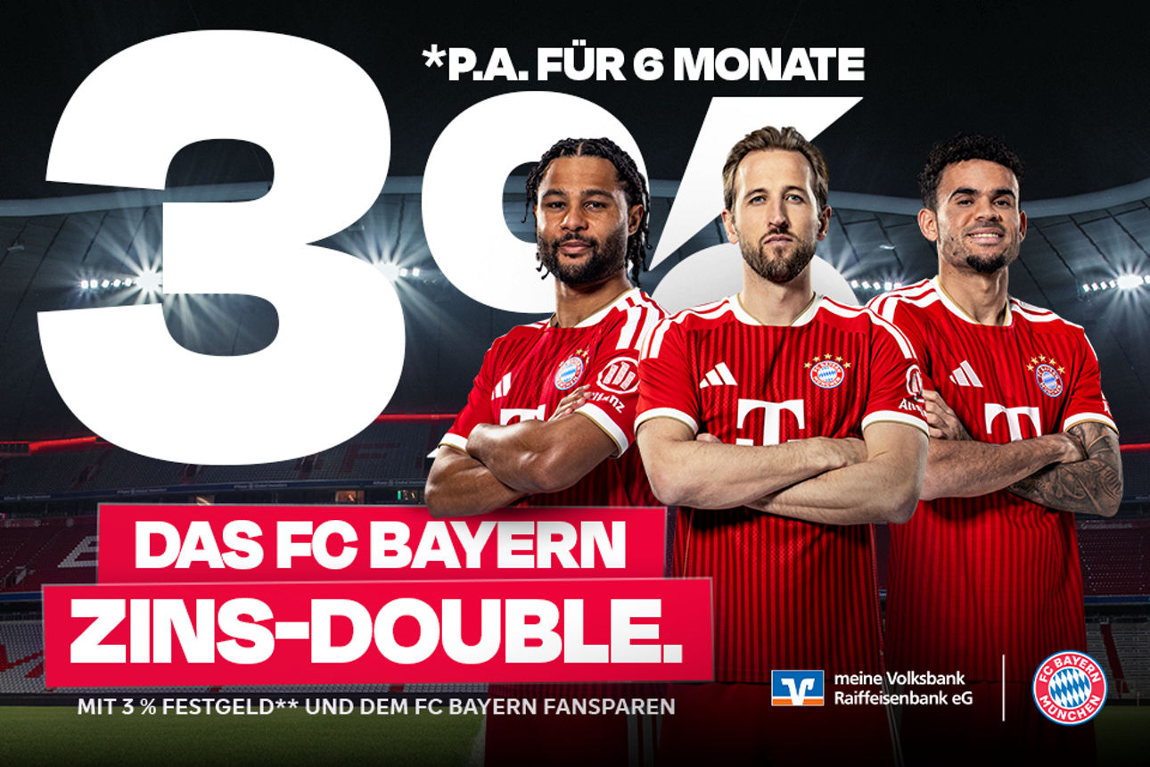 Banner zum FC Bayern Zins Double inkl. Spieler des FC Bayern München